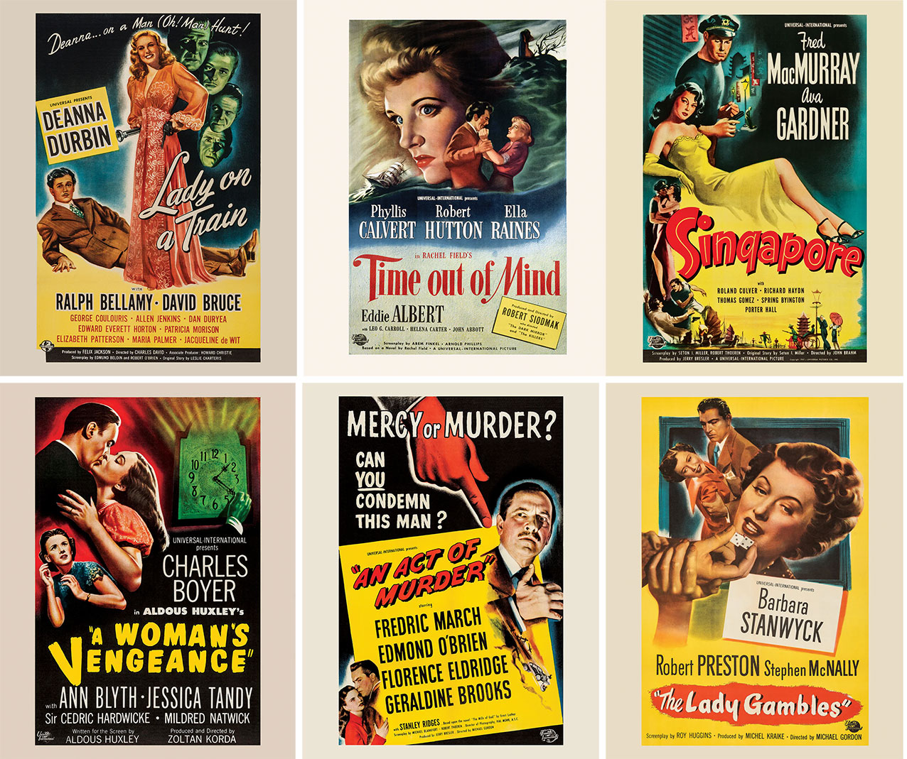 Posters for Lady on a Train, Time Out of Mind, Singapore, A Woman's Vengeance, An Act of Murder and The Lady Gambles