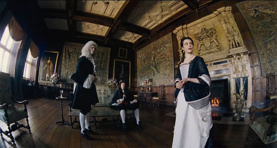 Rachel Weisz as Sarah Churchill in fish-eye in The Favourite