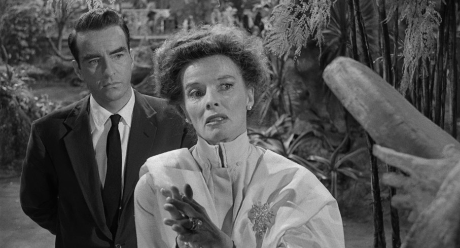 Montgomery Clift and Katherine Hepburn as Dr. Cukrowicz and Mrs. Venable